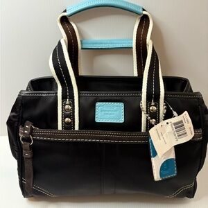 Vintage Coach Black Tote Bag F11992  Baby Blue Details Striped Handles MediumNWT